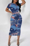 Khaki Casual Faux Denim Print O Neck Short Sleeve Bodycon Pencil Midi Dress