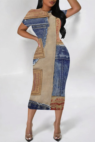 Blue Coffee Faux Denim Print O Neck Printed Short Sleeve Casual Outing Vacation Bodycon Midi Dress