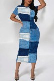 Deep Blue Casual Faux Denim Print O Neck Short Sleeve Slim Fit Straight Midi Dress