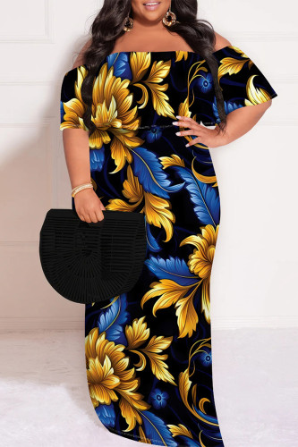 Golden Blue Graphic Floral Print Off Shoulder Drap Sleeve Plus Size Straight Loose Maxi Dresses
