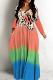 Green Leopard Print Deep V Neck Long Sleeve Casual Outing Vacation Straight Loose Maxi Dress