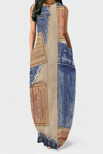 Blue Coffee Faux Denim Print Sleeveless O Neck Pocket Casual Outing Vacation Straight Loose Maxi Dress