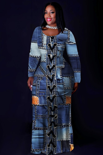 Blue Casual Faux Denim Print O Neck Long Sleeve Plus Size Stright Loose Maxi Dresses