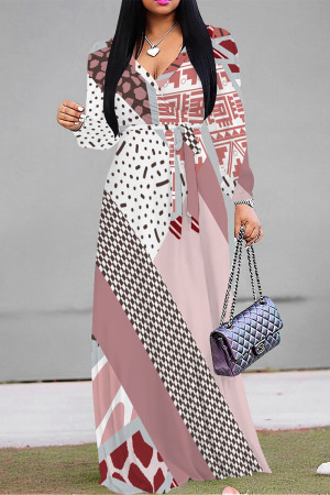 Pink Casual Graphics Print V Neck Half Sleeve Strap Floor Length Design Vacation Long A Line Loose Maxi Dresses