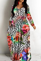 Multicolor Leopard Print Deep V Neck Long Sleeve Casual Outing Vacation Straight Loose Maxi Dress