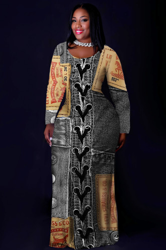 Black Casual Faux Denim Print O Neck Long Sleeve Plus Size Stright Loose Maxi Dresses