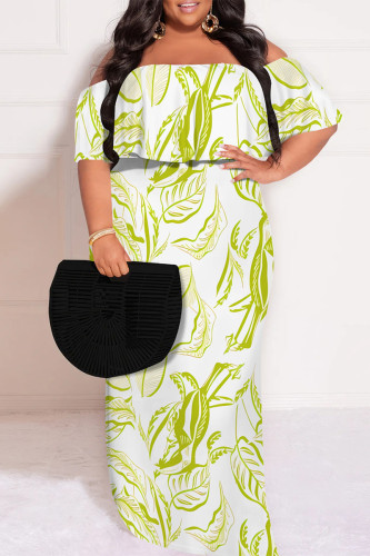 Light Green Graphic Floral Print Off Shoulder Drap Sleeve Plus Size Straight Loose Maxi Dresses
