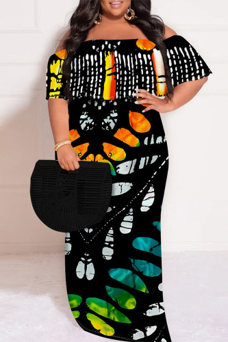 Black Graphic Floral Print Off Shoulder Drap Sleeve Plus Size Straight Loose Maxi Dresses