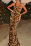 Leopard Print Sleeveless Backless Mermaid Hem Long Halter Bodycon Maxi Dresses
