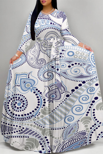 Baby Blue Casual Geometric Flowers Print V Neck Half Sleeve Strap Floor Length Design Vacation Long A Line Loose Maxi Dresses