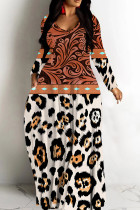 Red-brown Leopard Print Deep V Neck Long Sleeve Casual Outing Vacation Straight Loose Maxi Dress