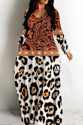 Red-brown Leopard Print Deep V Neck Long Sleeve Casual Outing Vacation Straight Loose Maxi Dress