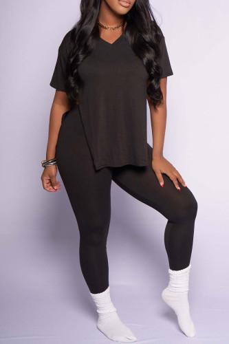 Black Casual Solid Color Patchwork Slit V Neck Plus Size Two Pieces