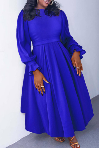 Blue Long Sleeve O Neck A Line Plus Size Formal Evening Party Ruched Pleated A Line Maxi Dresses