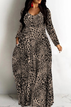 Brownness Leopard Print Deep V Neck Long Sleeve Casual Outing Vacation Straight Loose Maxi Dress