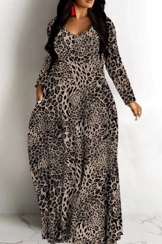 Brownness Leopard Print Deep V Neck Long Sleeve Casual Outing Vacation Straight Loose Maxi Dress