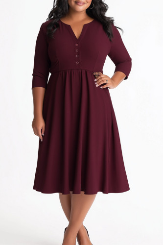 Burgundy Formal Deep V Neck 3/4 SleeveWedding Guest Pleater Midi Monther Of the Bride Dress