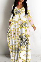 White Gold Leopard Print Deep V Neck Long Sleeve Casual Outing Vacation Straight Loose Maxi Dress