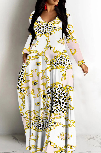 White Gold Leopard Print Deep V Neck Long Sleeve Casual Outing Vacation Straight Loose Maxi Dress