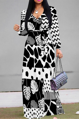 Black And White Casual Graphics Print V Neck Half Sleeve Strap Floor Length Design Vacation Long A Line Loose Maxi Dresses