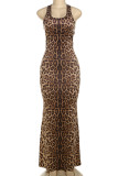 Leopard Print Sleeveless Backless Mermaid Hem Long Halter Bodycon Maxi Dresses