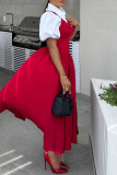 Red Puff Sleeve Shirt Collar Buttons Long Formal Party Evening A Line Pleated Maxi Dresses