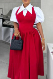Red Puff Sleeve Shirt Collar Buttons Long Formal Party Evening A Line Pleated Maxi Dresses