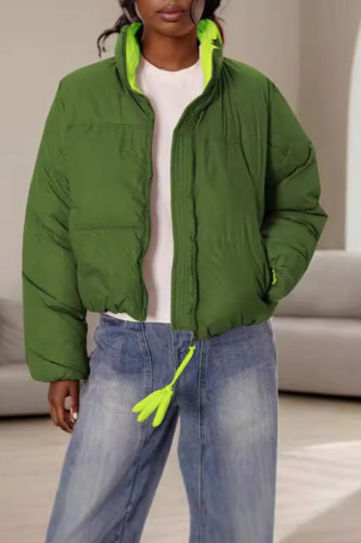 Green Casual Zipper Collar Long Sleeve Puffer Jackets