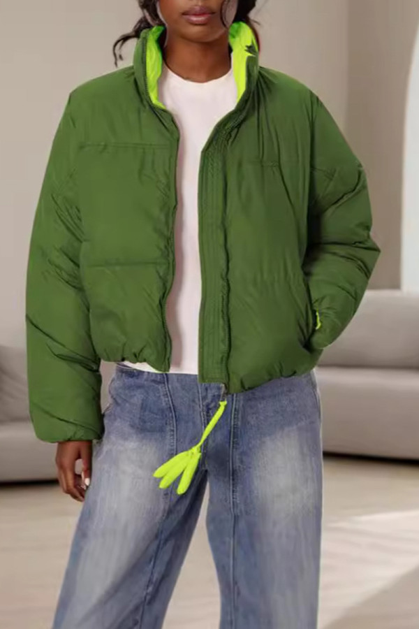 Green Casual Zipper Collar Long Sleeve Puffer Jackets