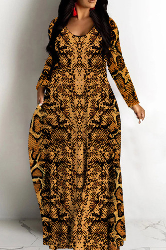 Brown Leopard Print Deep V Neck Long Sleeve Casual Outing Vacation Straight Loose Maxi Dress