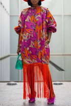 Rose Red Boho Graphics Print Fringed Trim O Neck Long Sleeve Pocket Long Vacation Midi Dresses