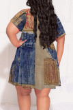 Multicolor Casual Faux Denim Print Pocket V Neck Short Sleeve Plus Size Straight Midi T-shirt Dresses