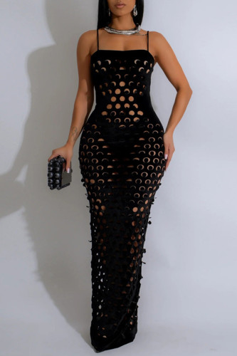 Black Sleeveless Backless Hollow Out Slit Zipper Spaghetti Strap Formal Evening Party Bodycon Maxi Slip Dress