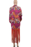 Rose Red Boho Graphics Print Fringed Trim O Neck Long Sleeve Pocket Long Vacation Midi Dresses