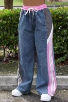 Blue Casual Stripe Print High Waist Wide Leg Patchwork Denim Jeans