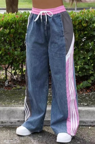 Blue Casual Stripe Print High Waist Wide Leg Patchwork Denim Jeans