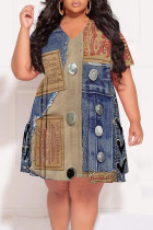 Multicolor Casual Faux Denim Print Pocket V Neck Short Sleeve Plus Size Straight Midi T-shirt Dresses