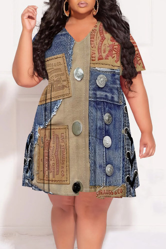 Multicolor Casual Faux Denim Print Pocket V Neck Short Sleeve Plus Size Straight Midi T-shirt Dresses