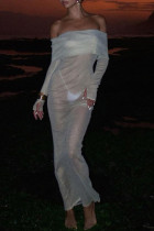 Light Green See-Through Backless Off Shoulder Long Sleeve One Step Skirt  Formal Evening Party Bodycon Maxi Dress