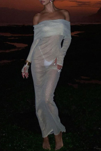 Light Green See-Through Backless Off Shoulder Long Sleeve One Step Skirt  Formal Evening Party Bodycon Maxi Dress