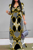 Dark Gray Casual Geometric Print V Neck Three Quarter Lace Up Formal Party Evening Vacation A Line Maxi Dresses