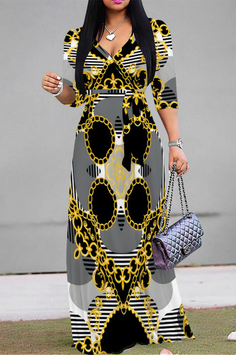 Dark Gray Casual Geometric Print V Neck Three Quarter Lace Up Formal Party Evening Vacation A Line Maxi Dresses