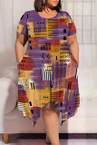 Purple Casual Graphics Smiley Face Print Pocket O Neck Short Sleeve Irregular Hem Plus Size Midi T-shirt Dresses