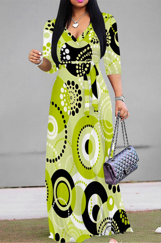 Fruit Green Casual Geometric Print V Neck Three Quarter Lace Up Formal Party Evening Vacation A Line Maxi Dresses