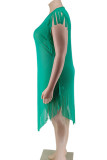Green Fringed Trim See-Through V Neck Sleeveless Irregular Plus Size Bodycon Midi Dresses