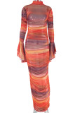 Orange Brown Graphics Print Mock Neck Flare Sleeve Long Formal Evening Party Ruched Bodycon Maxi Dress