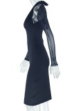 Black Long Sleeve Mesh Halter Bodycon Midi Dress