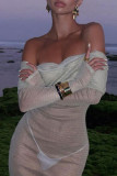 Light Green See-Through Backless Off Shoulder Long Sleeve One Step Skirt  Formal Evening Party Bodycon Maxi Dress