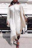 White Fringed Trim Cape Sleeve Hollow Out Halter Long Loose Vacation Maxi