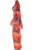 Orange Brown Graphics Print Mock Neck Flare Sleeve Long Formal Evening Party Ruched Bodycon Maxi Dress